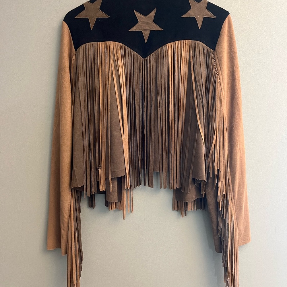 Vocal Black and Tan Star Fringe Leather Jacket